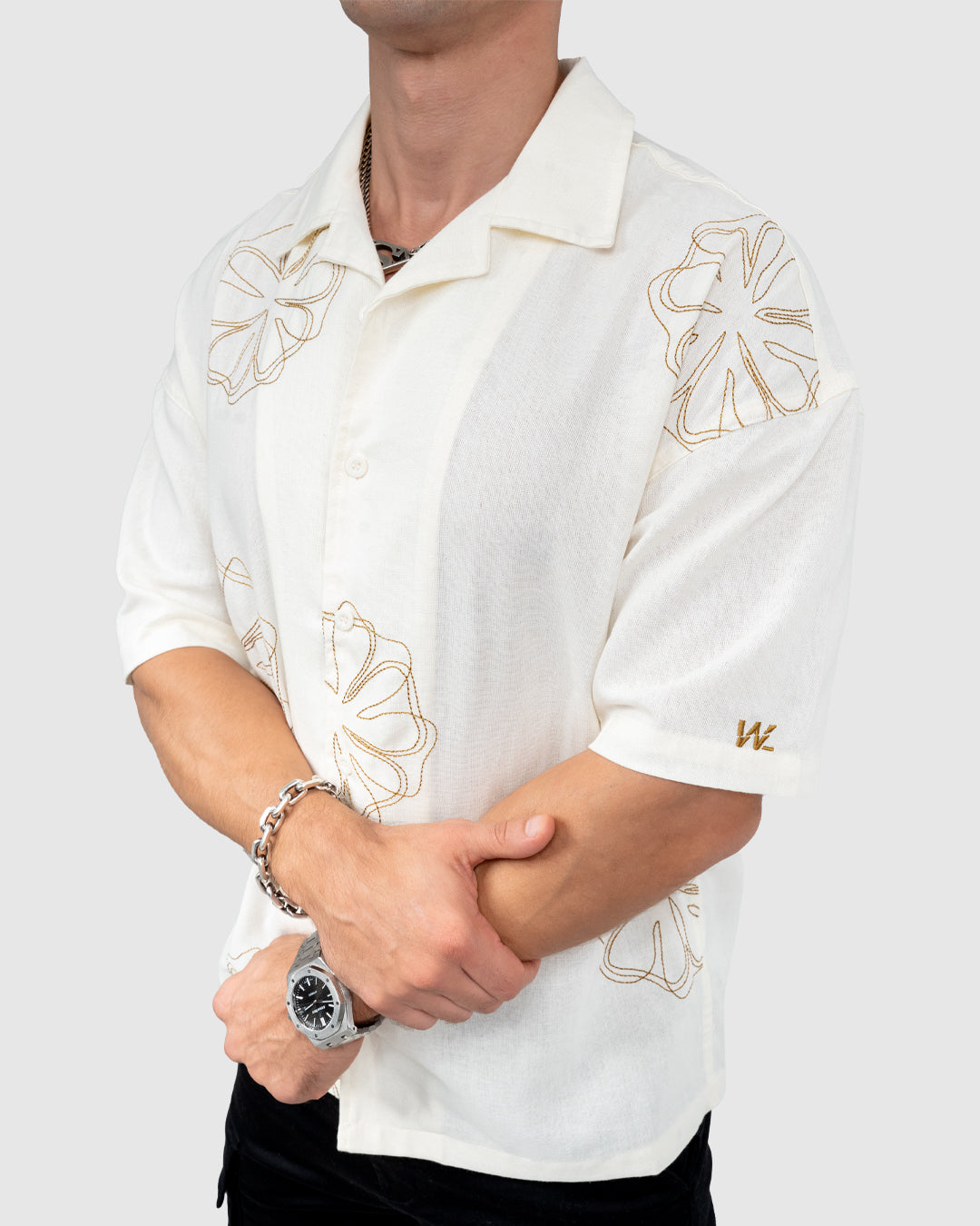 Men’s Cream Cuban Collar Shirt with Embroidered Floral Design