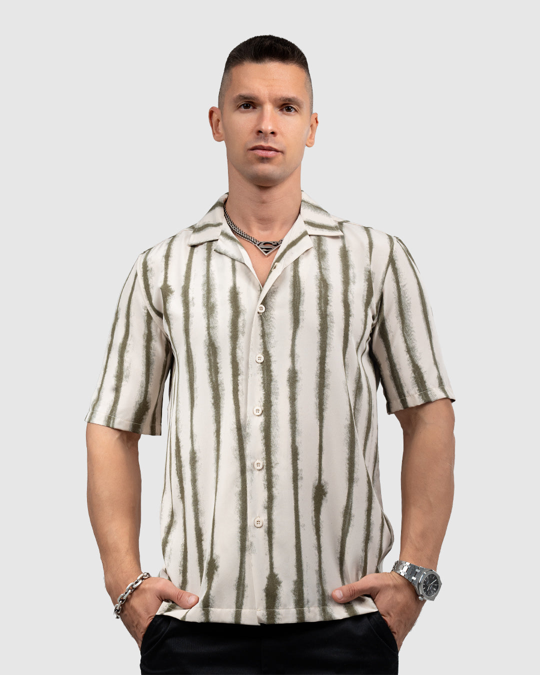Men’s Cream Cuban Collar Shirt with Olive Green Vertical Stripes