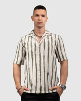Men’s Cream Cuban Collar Shirt with Olive Green Vertical Stripes