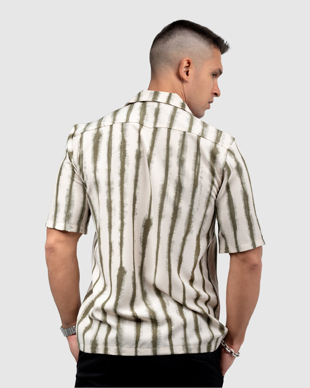 Men’s Cream Cuban Collar Shirt with Olive Green Vertical Stripes