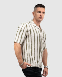 Men’s Cream Cuban Collar Shirt with Olive Green Vertical Stripes