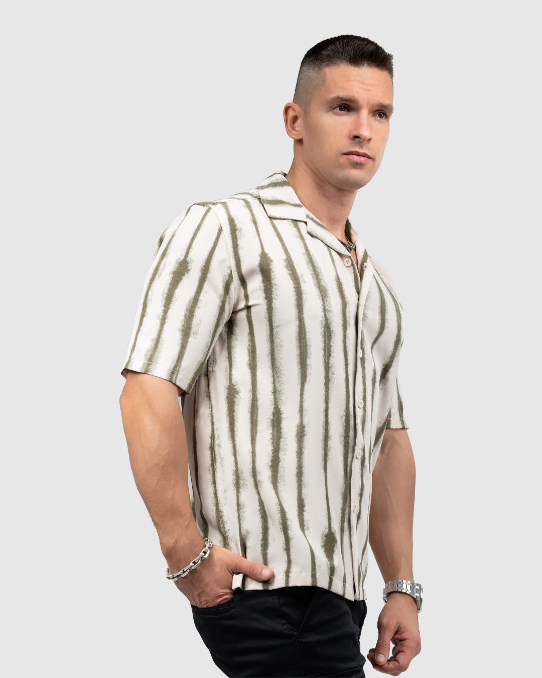 Men’s Cream Cuban Collar Shirt with Olive Green Vertical Stripes