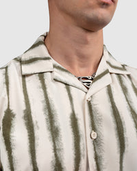 Men’s Cream Cuban Collar Shirt with Olive Green Vertical Stripes
