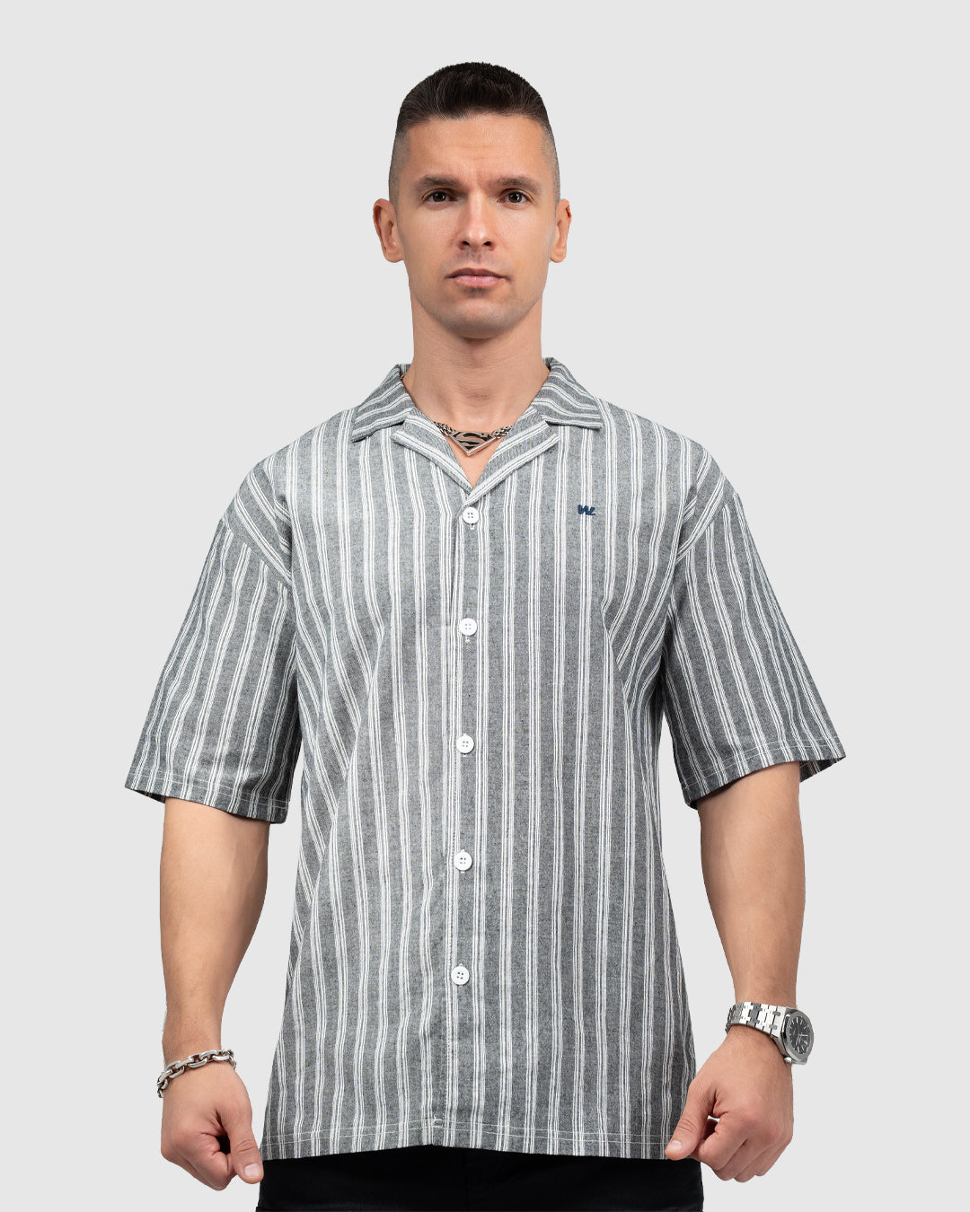 Men’s Grey Cuban Collar Shirt with White Vertical Stripes