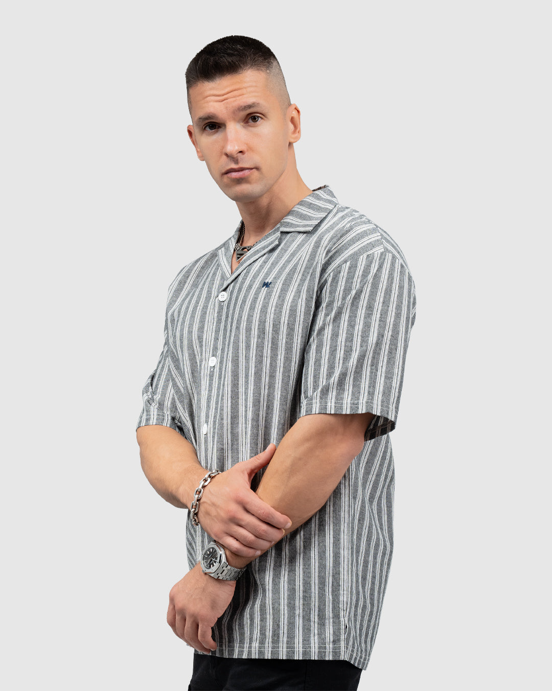 Men’s Grey Cuban Collar Shirt with White Vertical Stripes