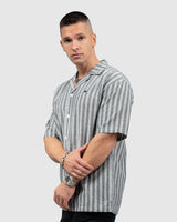 Men’s Grey Cuban Collar Shirt with White Vertical Stripes