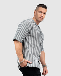 Men’s Grey Cuban Collar Shirt with White Vertical Stripes