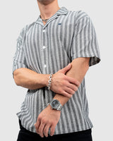 Men’s Grey Cuban Collar Shirt with White Vertical Stripes