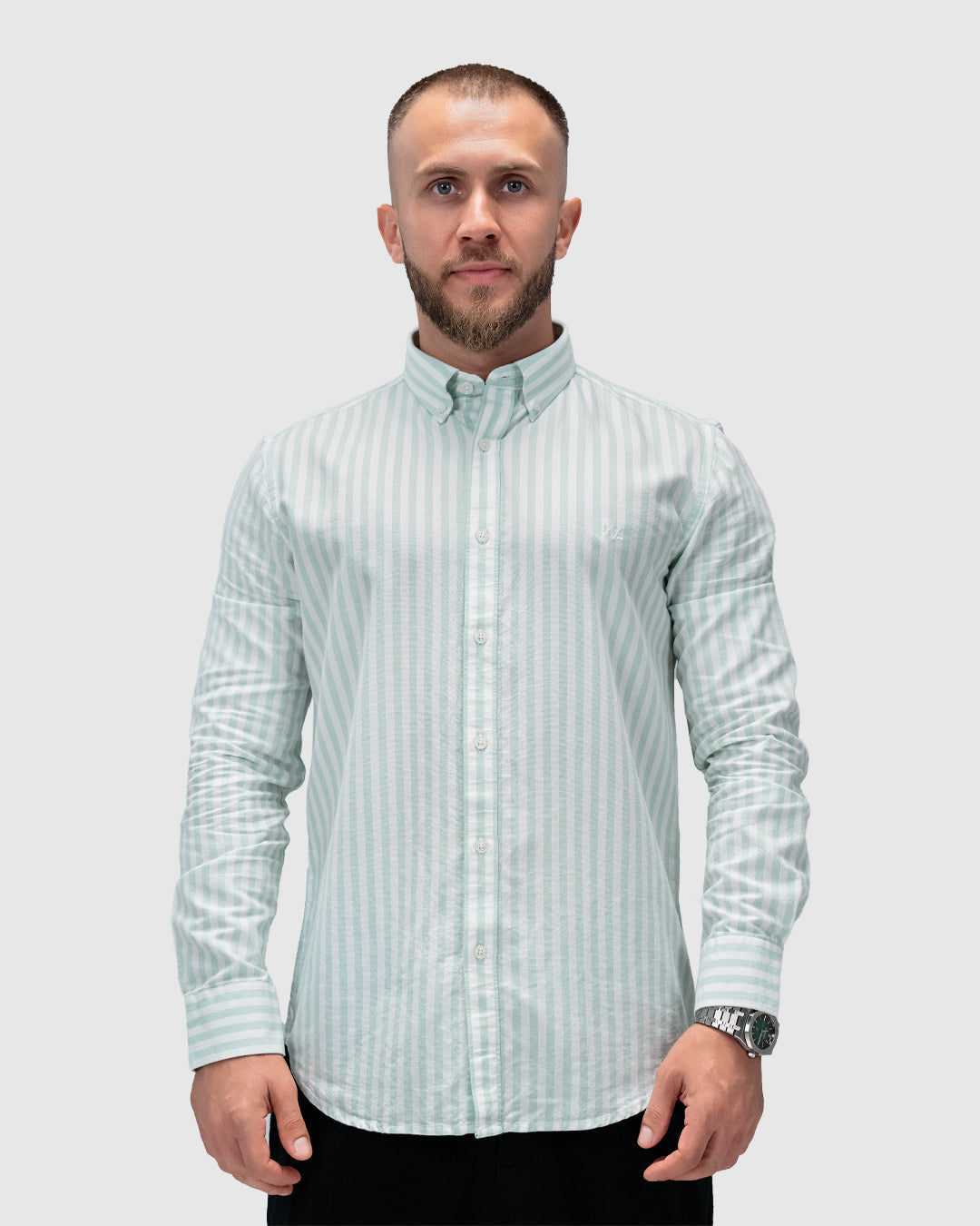 Men’s Mint Green & White Striped Button-Down Shirt