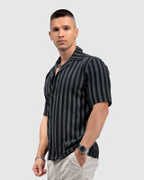 Men’s Black Cuban Collar Shirt with Grey Vertical Stripes