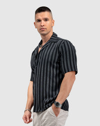 Men’s Black Cuban Collar Shirt with Grey Vertical Stripes