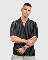 Men’s Black Cuban Collar Shirt with Grey Vertical Stripes