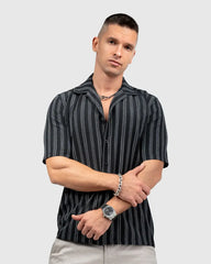 Men’s Black Cuban Collar Shirt with Grey Vertical Stripes