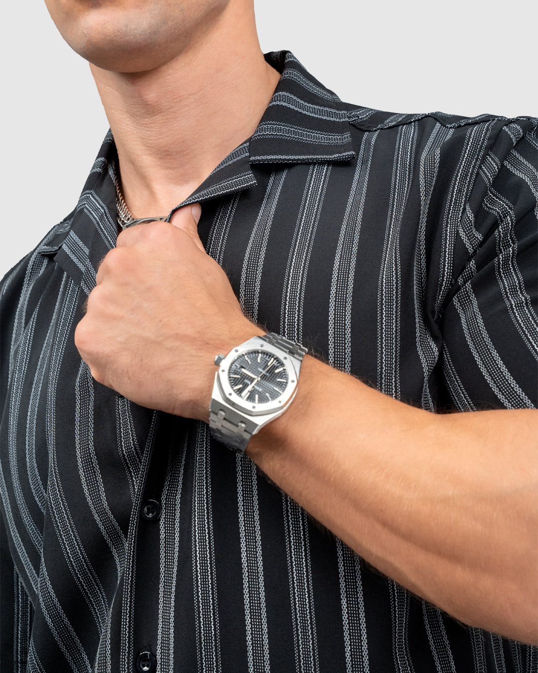 Men’s Black Cuban Collar Shirt with Grey Vertical Stripes