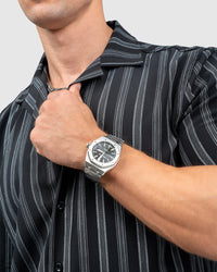 Men’s Black Cuban Collar Shirt with Grey Vertical Stripes