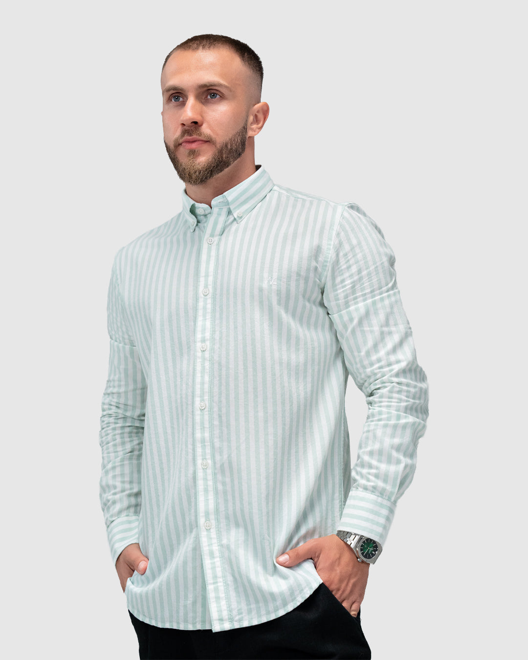 Men’s Mint Green & White Striped Button-Down Shirt
