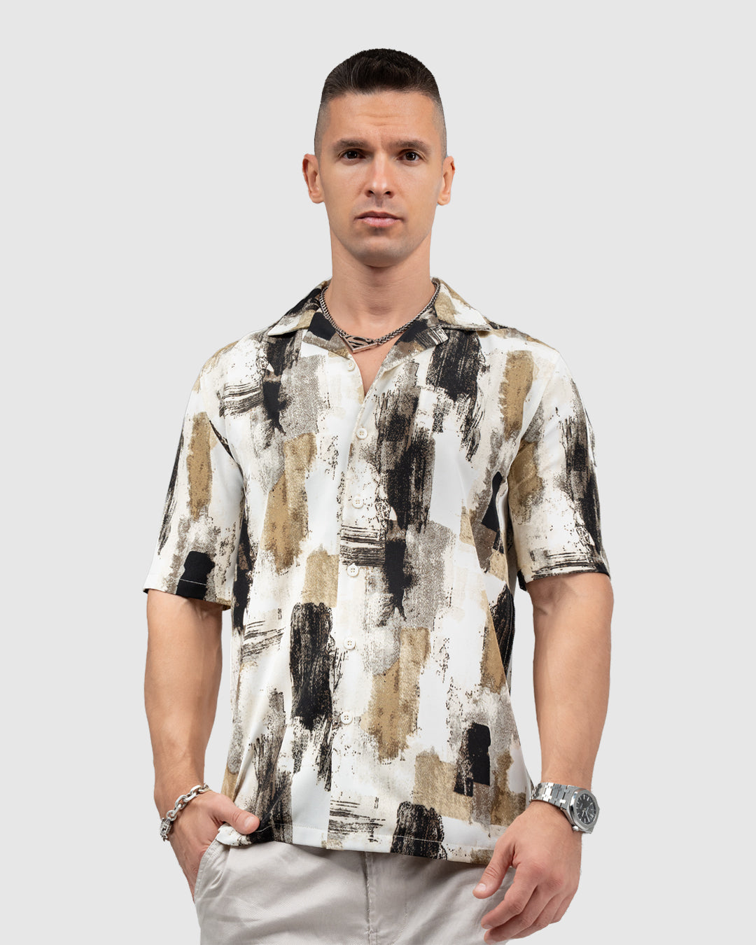 Men’s Abstract Print Cuban Collar Shirt in Beige & Black