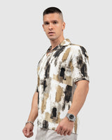 Men’s Abstract Print Cuban Collar Shirt in Beige & Black