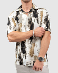 Men’s Abstract Print Cuban Collar Shirt in Beige & Black
