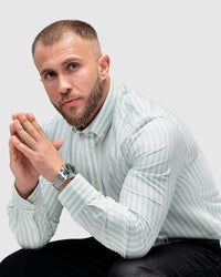Men’s Mint Green & White Striped Button-Down Shirt