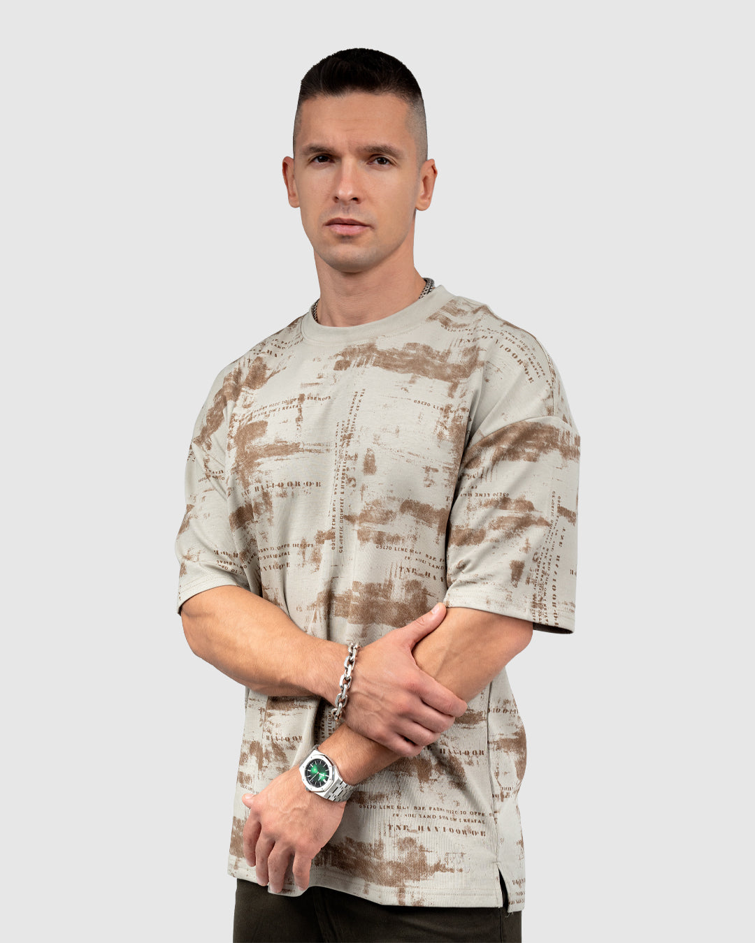 Men’s Beige & Brown Printed Oversized T-Shirt