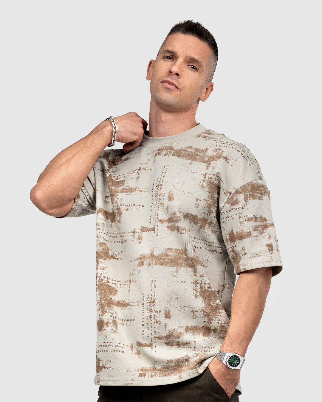 Men’s Beige & Brown Printed Oversized T-Shirt