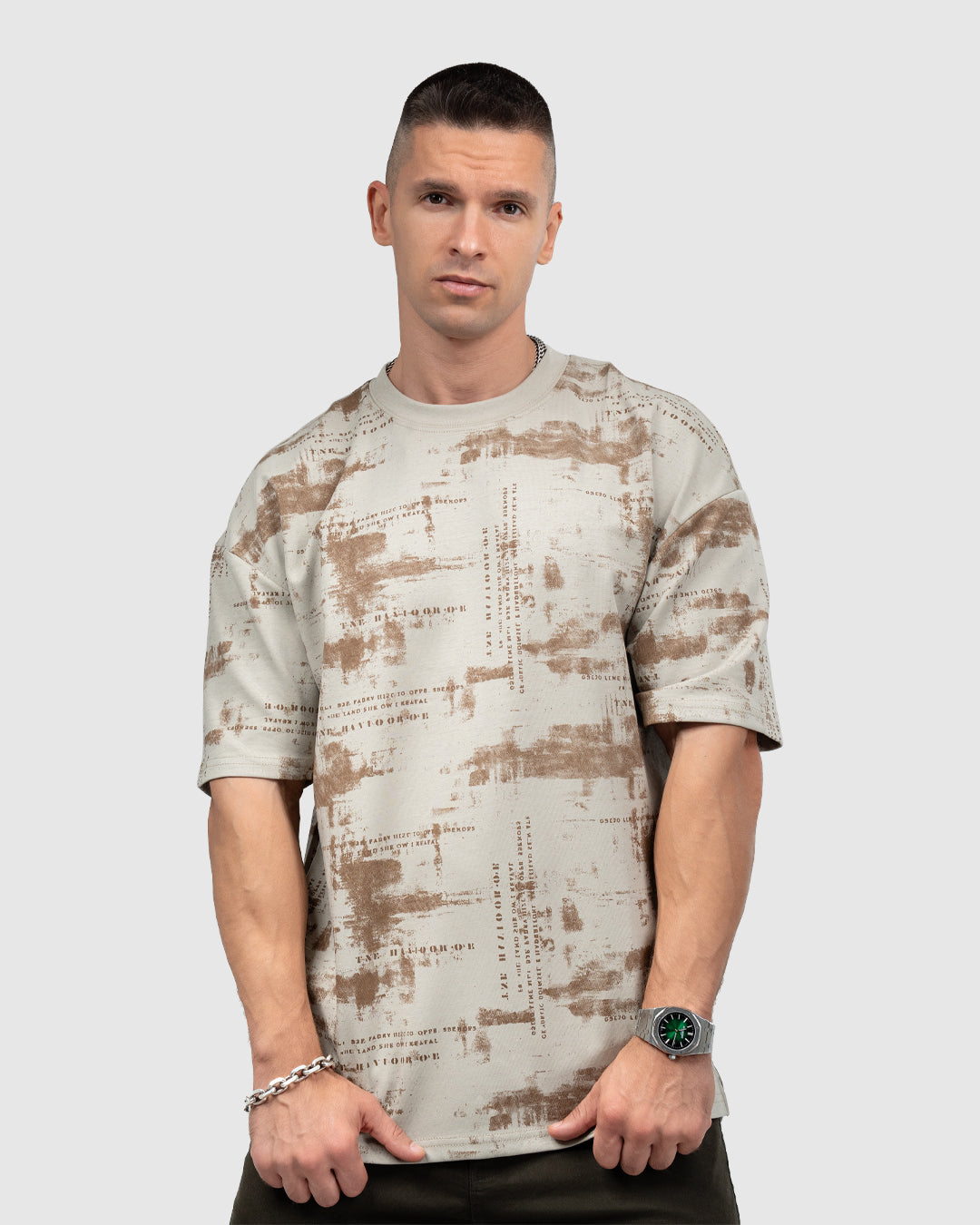 Men’s Beige & Brown Printed Oversized T-Shirt