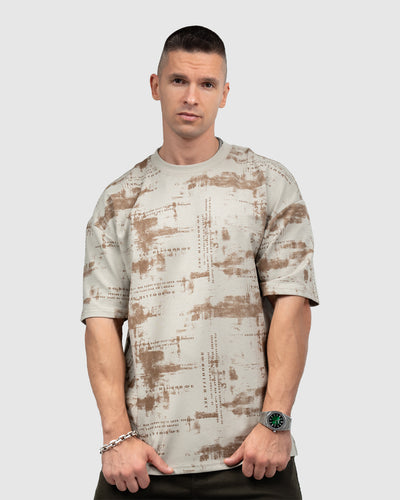 Men’s Beige & Brown Printed Oversized T-Shirt