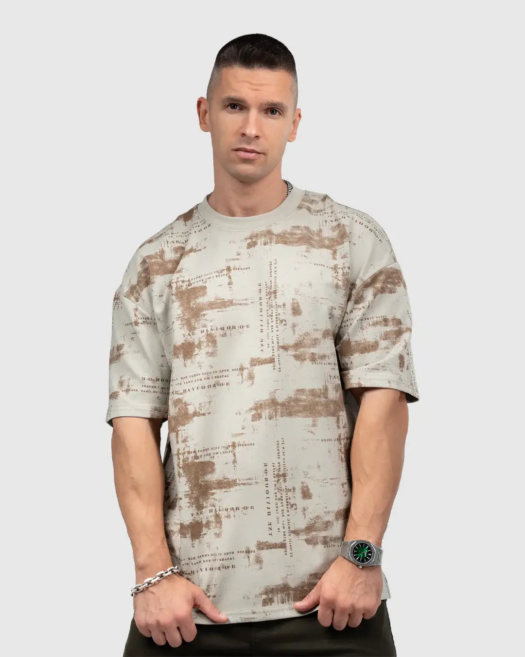 Men’s Beige & Brown Printed Oversized T-Shirt