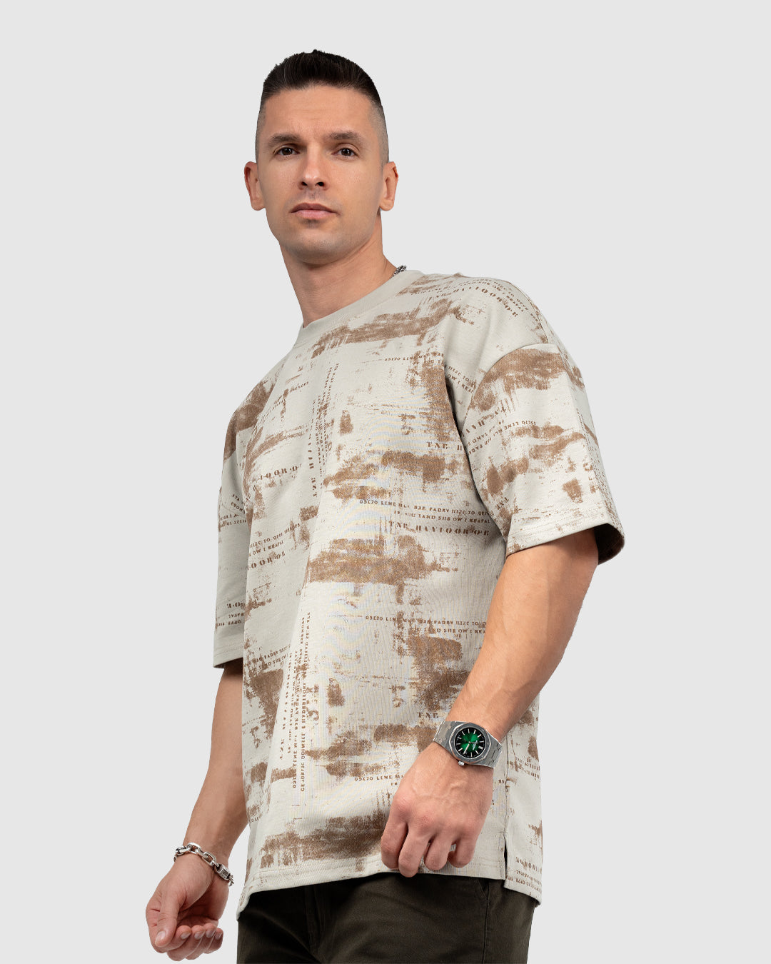 Men’s Beige & Brown Printed Oversized T-Shirt