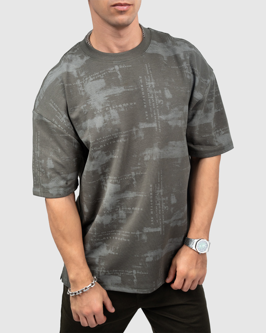 Men’s Dark Grey Printed Oversized T-Shirt