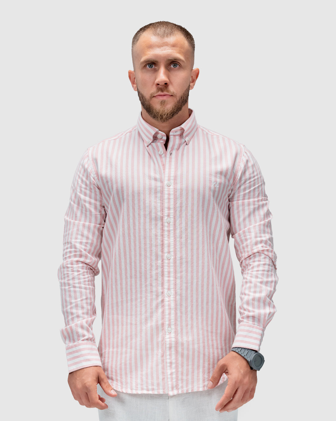 Men’s Pink & White Striped Button-Down Shirt