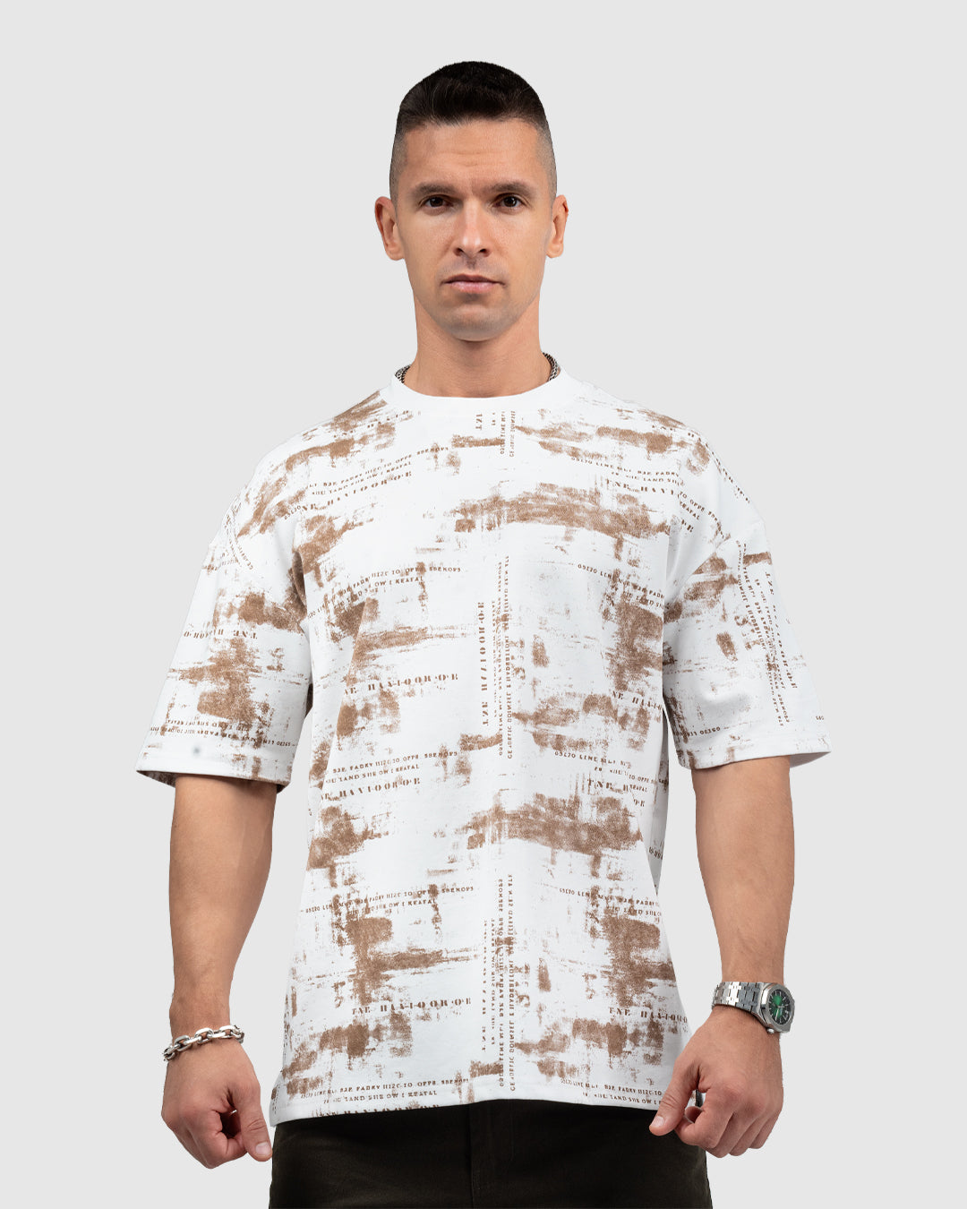 Men’s White & Brown Printed Oversized T-Shirt