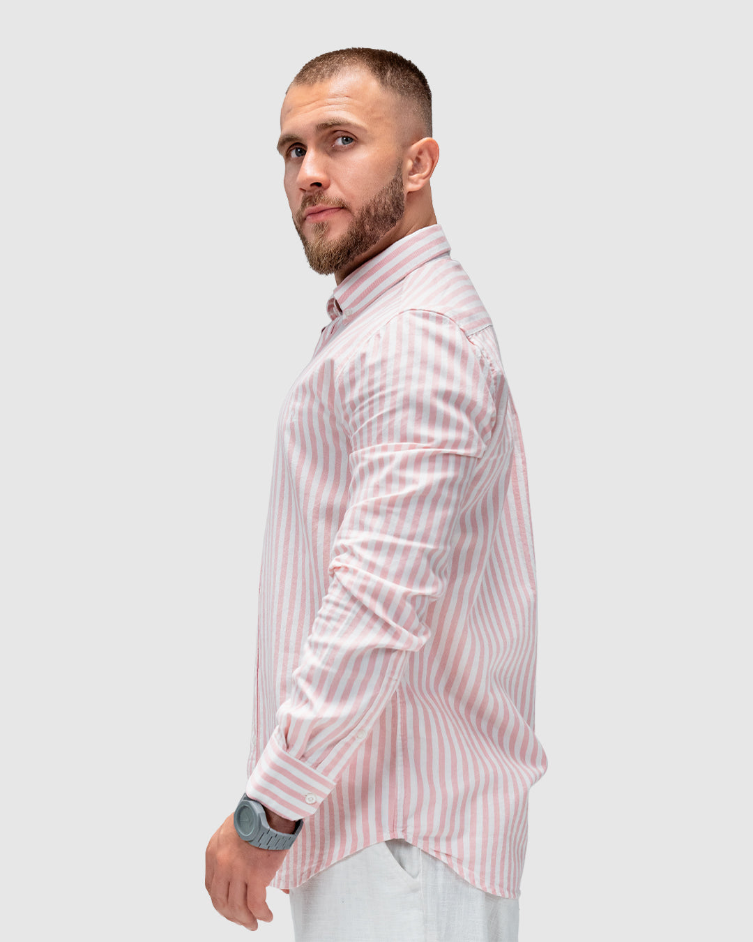 Men’s Pink & White Striped Button-Down Shirt