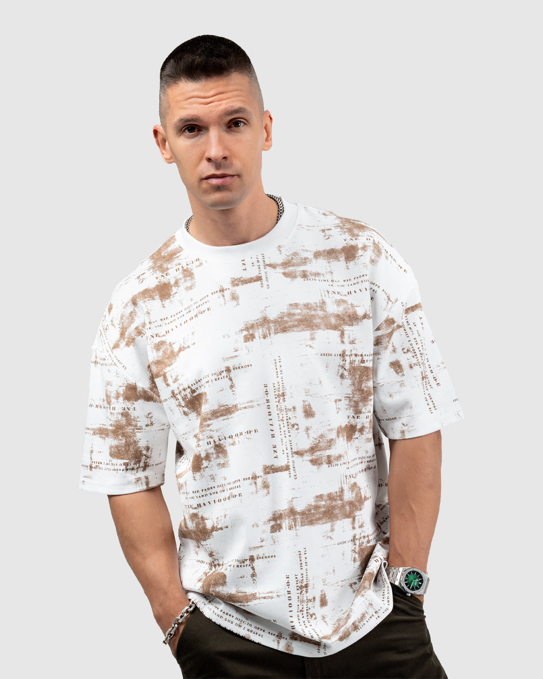 Men’s White & Brown Printed Oversized T-Shirt