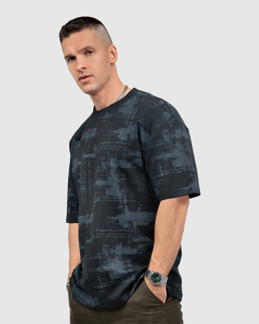 Men’s Black & Gray Printed Oversized T-Shirt