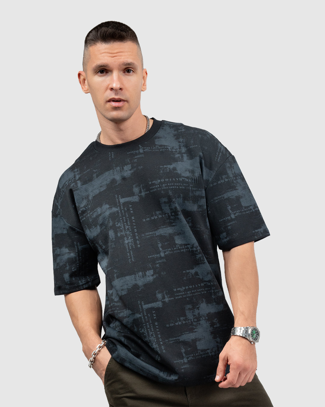 Men’s Black & Gray Printed Oversized T-Shirt