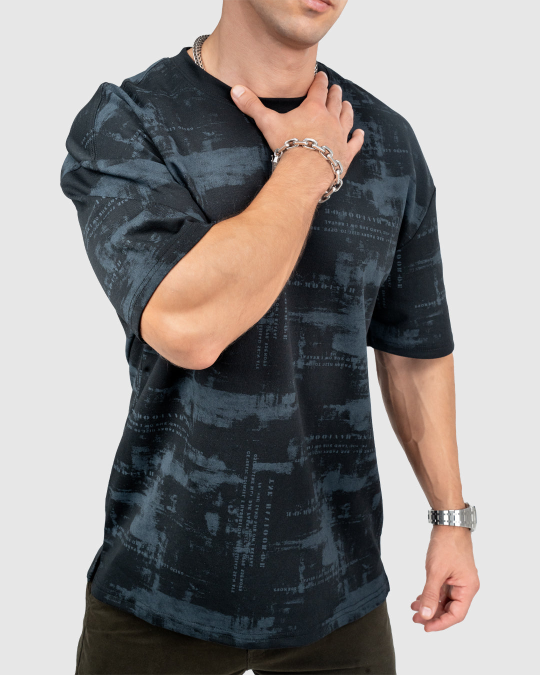 Men’s Black & Gray Printed Oversized T-Shirt