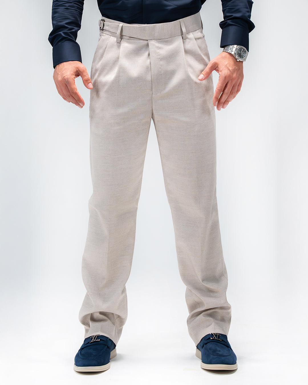 MEN’S SLIM-FIT BEIGE PLEATED TROUSERS