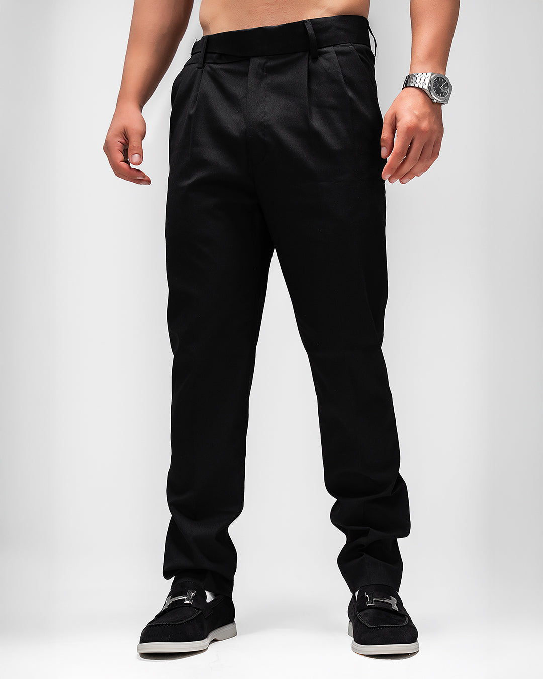 MEN’S SLIM-FIT BLACK PLEATED TROUSERS
