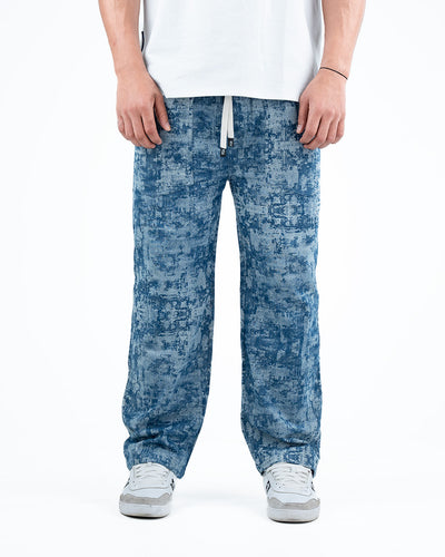 Men’s Washed Baggy Drawstring Denim Pants - Dark Blue