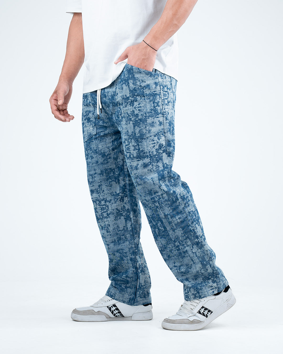 Men’s Washed Baggy Drawstring Denim Pants - Blue