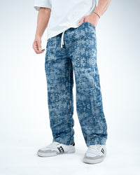 Men’s Washed Baggy Drawstring Denim Pants - Blue
