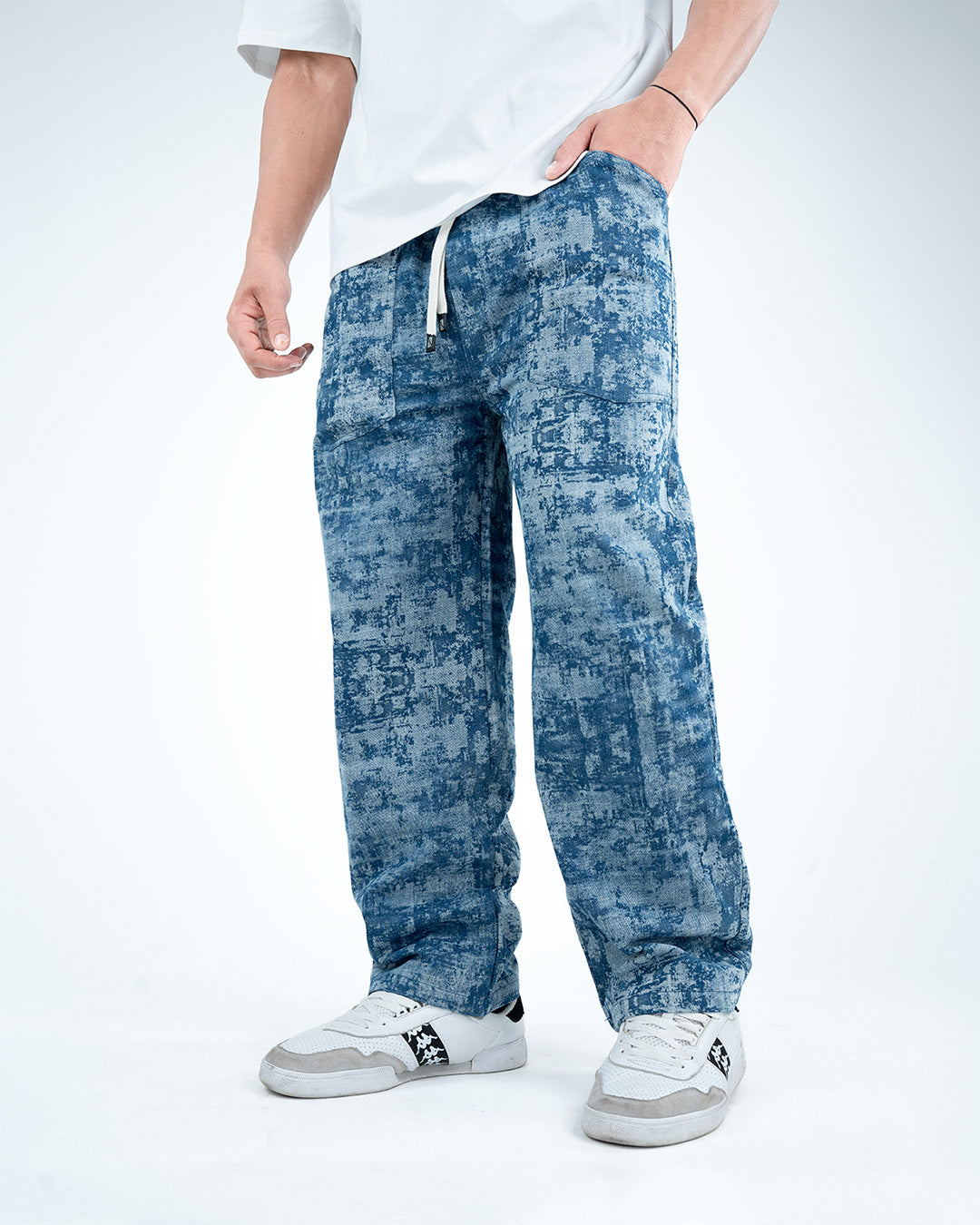 Men’s Washed Baggy Drawstring Denim Pants - Blue