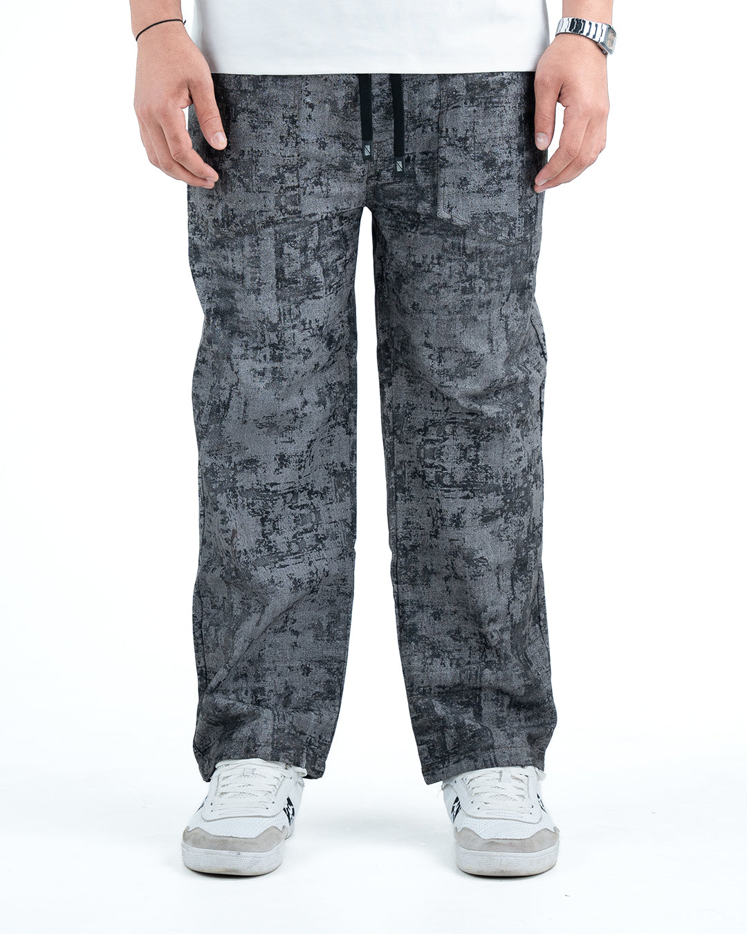 Men’s Washed Baggy Drawstring Denim Pants - Grey