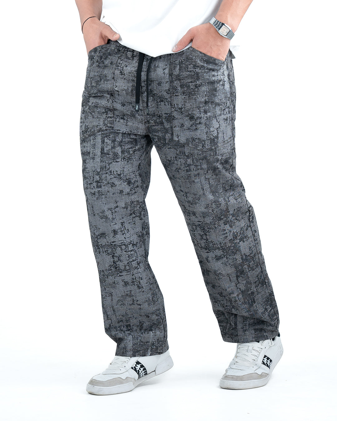 Men’s Washed Baggy Drawstring Denim Pants - Grey