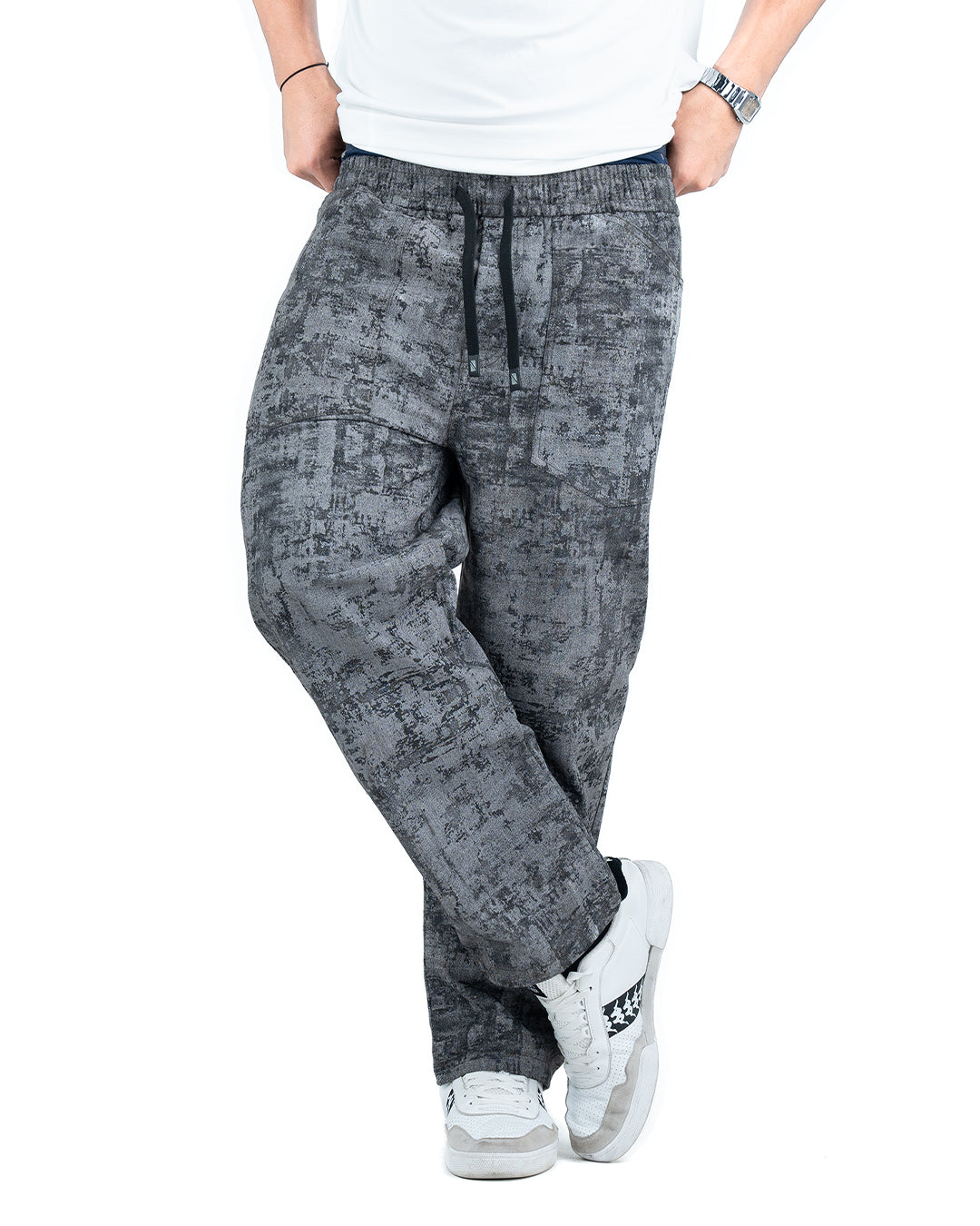 Men’s Washed Baggy Drawstring Denim Pants - Grey