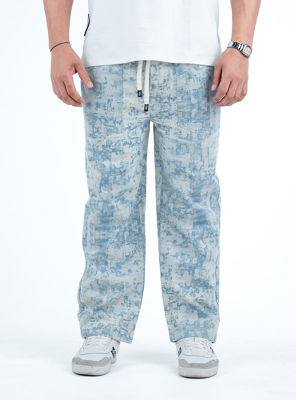 Men’s Washed Baggy Drawstring Denim Pants - Sky Blue