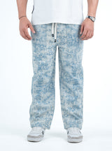 Men’s Washed Baggy Drawstring Denim Pants - Sky Blue