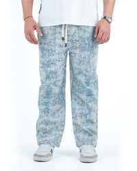 Men’s Washed Baggy Drawstring Denim Pants - Light Blue